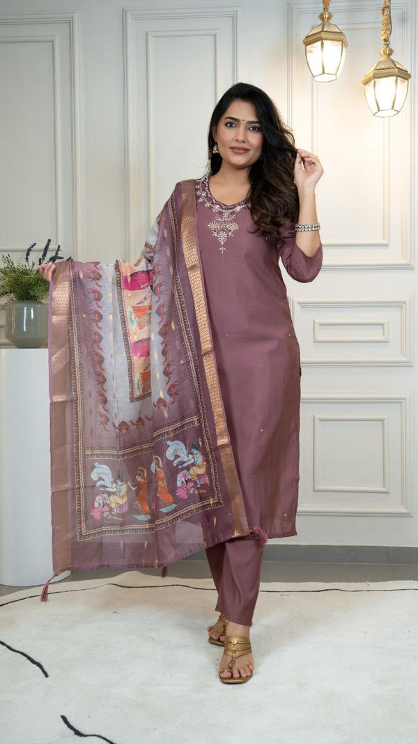 Dusty Pink Color Roman Silk Handwork Suit Set