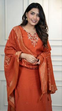 Rust Roman Silk Handwork Kurta Pant Set