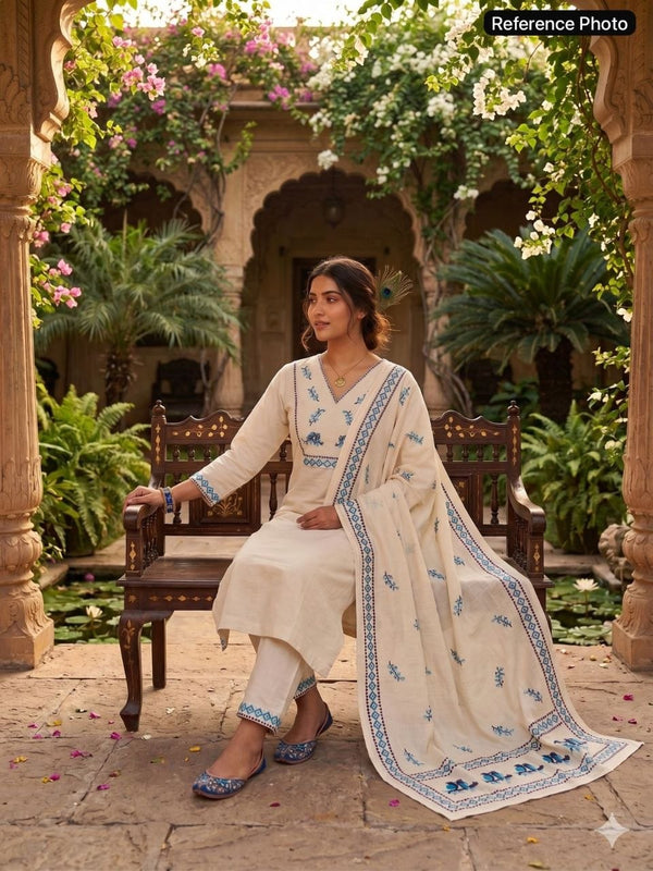 Heritage Bird Embroidered Kurta Set with Designer Printed Dupatta