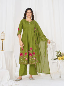 Multi-Thread Embroidered Cotton Anarkali Kurti Set with Dupatta