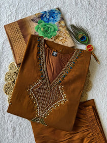 Coffee Chanderi Handwork Suit Set With Jacquard Dupatta