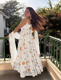 Elegant Embroidered Gown Set with Lace Border Dupatta
