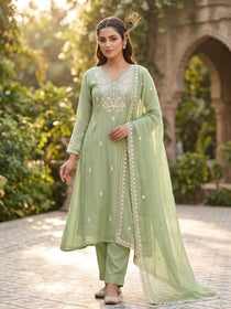 Pista Mul Chanderi Embroidered A-Line Kurta Set