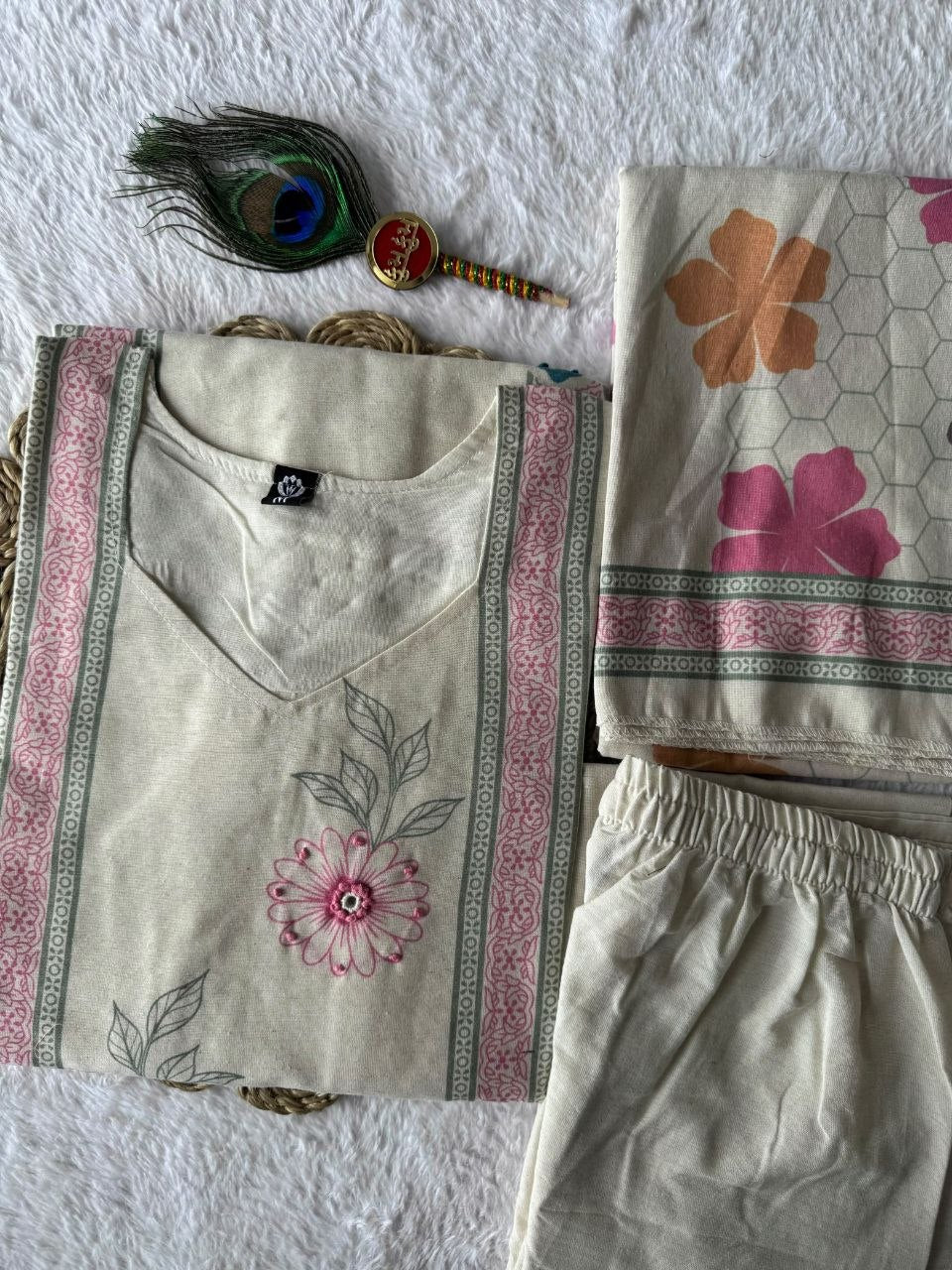 Cream Khadi Cotton Embroidered Kurta Set