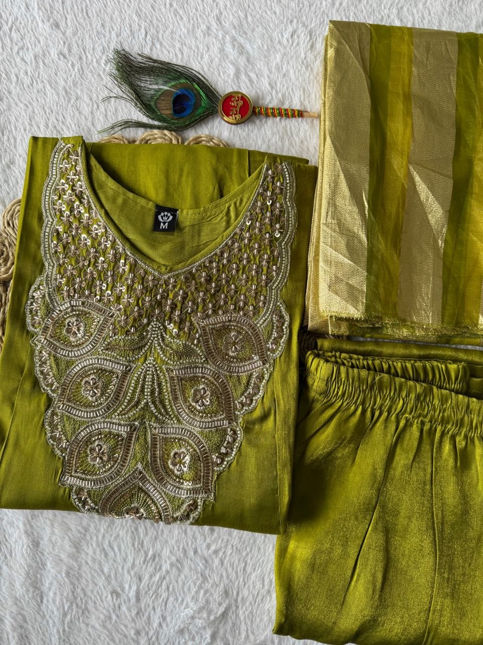 Parrot Green Beaded Roman Silk Anarkali Suit Set