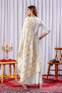Off White Mango Silk Embroidered Kurta Palazzo Dupatta Set