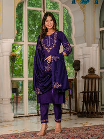 Violet Marina Silk Embroidered Kurta Pant Dupatta Set
