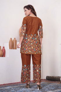 Brown Pure Cotton Kantha Work Co-ord Set
