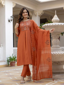 Rust Pure Viscose Mango Silk Embroidered Kurta Set