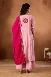 Light Pink Roman Silk Embroidered Anarkali Palazzo Set