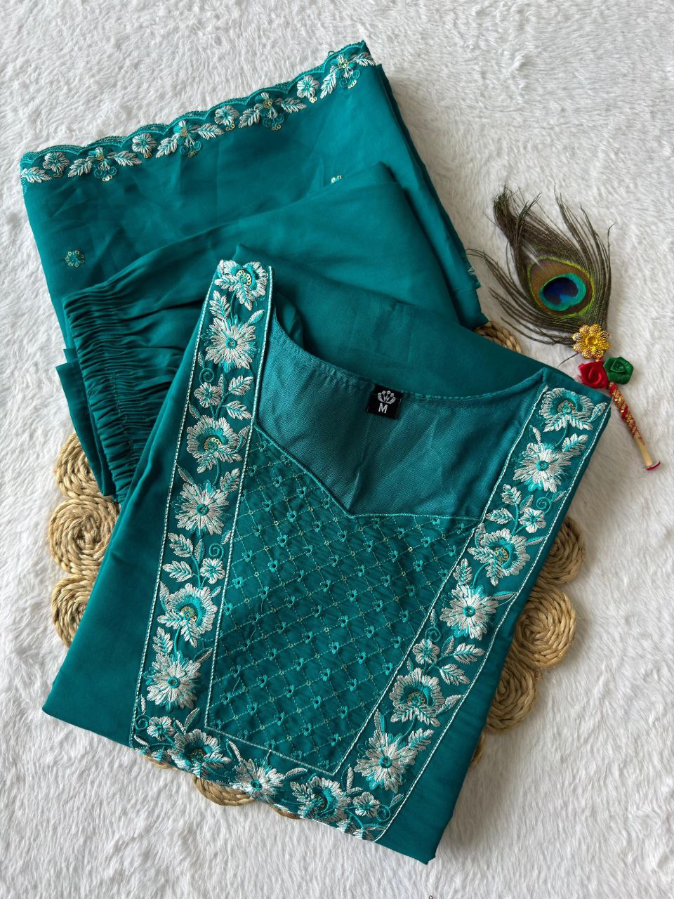 Pink and  Rama Color Embroidered Suit Set