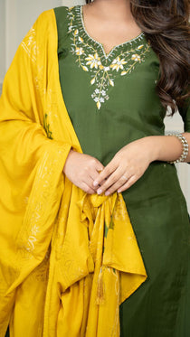 Mehendi Green Roman Silk Embroidered Kurta Set