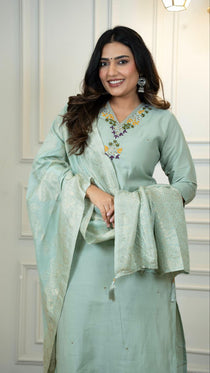 C Green Roman Silk Embroidered Kurta Set