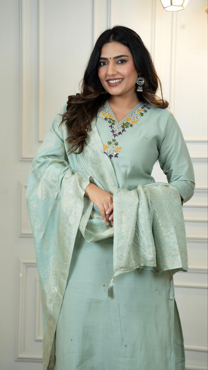 Sea Green Handwork Roman Silk Suit Set