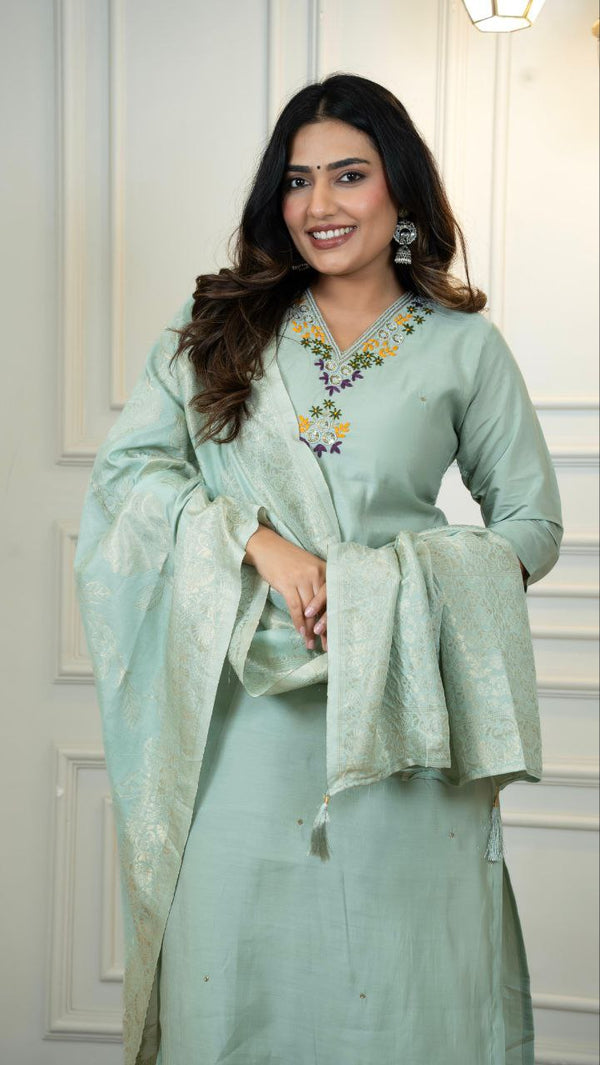 Sea Green Handwork Roman Silk Suit Set