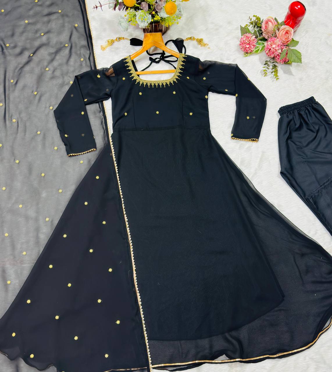 Designer Black Embroidered Kurta Pant Dupatta Set