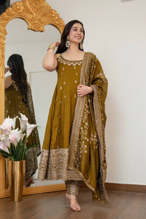 Wine Vichitra Silk Embroidered Gown Set