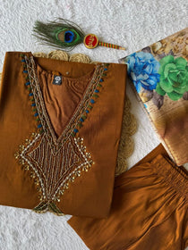 Coffee Chanderi Handwork Suit Set With Jacquard Dupatta