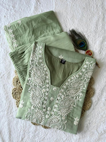 Pista Mul Chanderi Embroidered A-Line Kurta Set