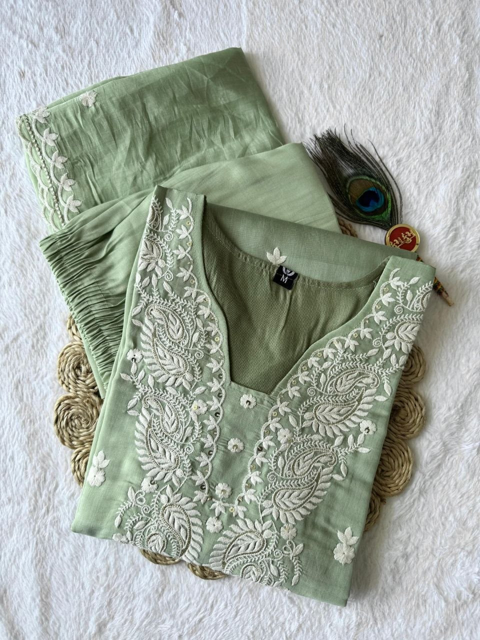 Pista Mul Chanderi Embroidered A-Line Kurta Set