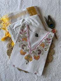 White Khadi Cotton Embroidered Kurta Pant Dupatta Set