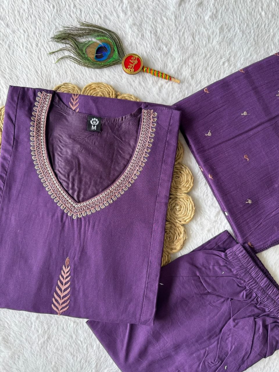 Purple Pure Cotton Embroidered A-Line Kurta Set