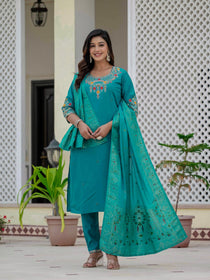 Black Premium Roman Silk Embroidered Kurta Pant Dupatta Set