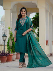 Maroon Premium Roman Silk Embroidered Kurta Pant Dupatta Set