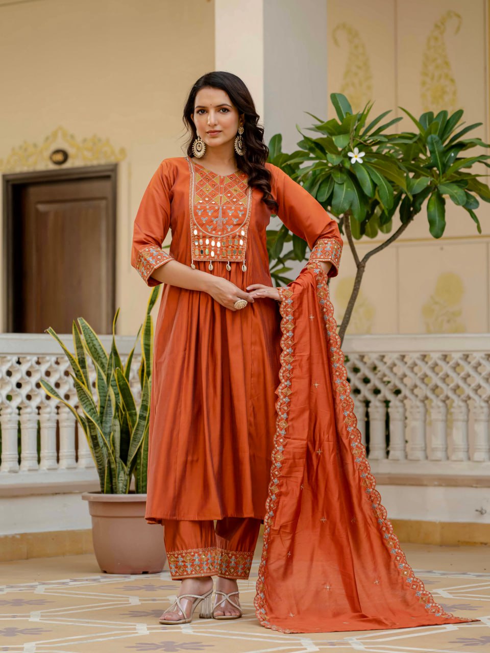Real Mirror Work Anarkali Set with Chanderi Dupatta