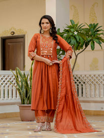 Mahendi Viscose Roman Silk Mirror Work Anarkali Suit Set