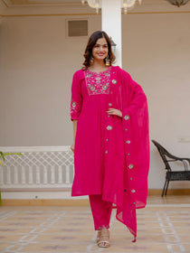 Rust Viscose Mango Silk Embroidered Kurta Set