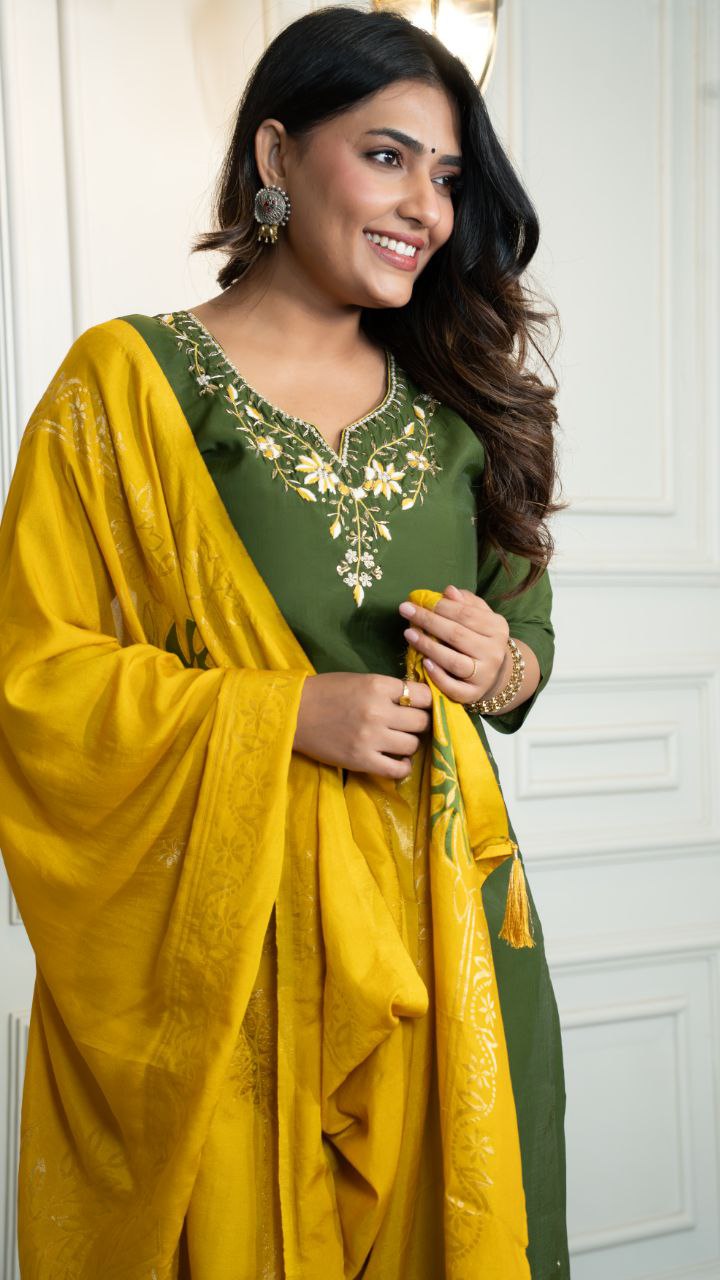 Premium Roman Silk Mahendi Handwork Suit Set