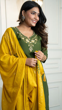 Mehendi Green Roman Silk Embroidered Kurta Set
