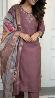 Burgundy Hand Work Kurta Pant Dupatta Set