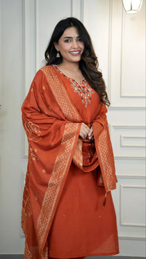 Rust Roman Silk Handwork Kurta Pant Set