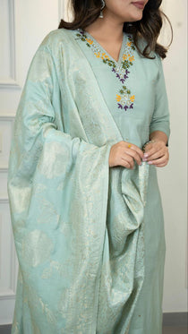 C Green Roman Silk Embroidered Kurta Set