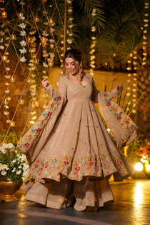 Beige Color Multi Embroidery Sequins Work Anarkali Suit