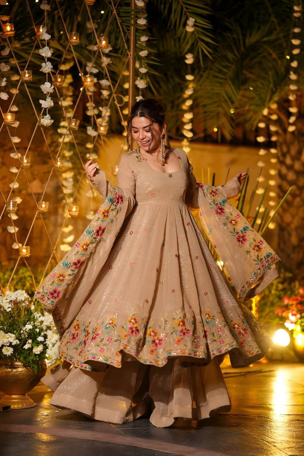 Beige Color Multi Embroidery Sequins Work Anarkali Suit