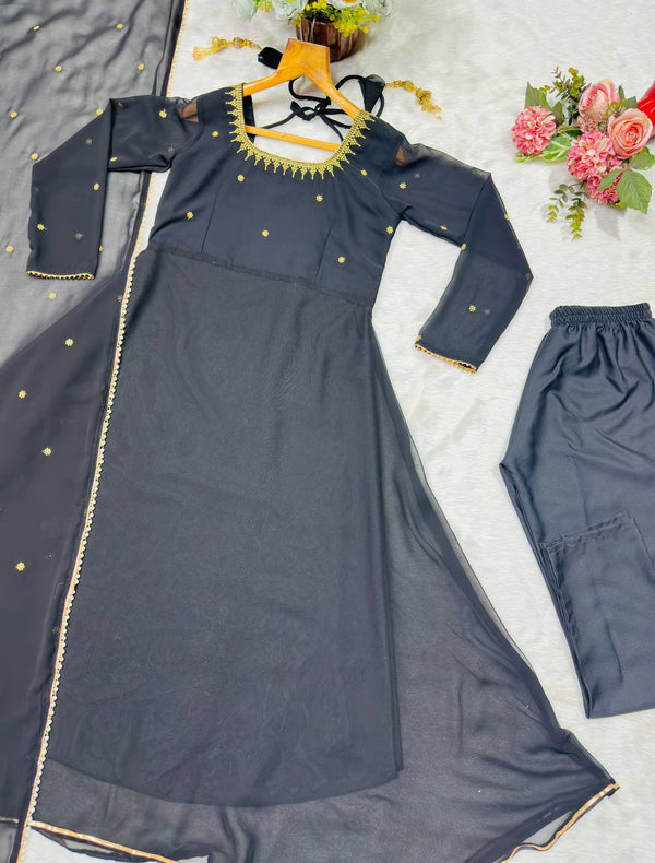 Designer Black Embroidered Kurta Pant Dupatta Set