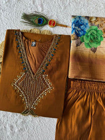 Coffee Chanderi Handwork Suit Set With Jacquard Dupatta