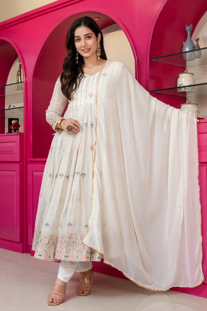 White Multi-Zari Embroidered Anarkali Suit Set Secondary image