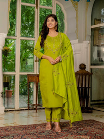 Violet Marina Silk Embroidered Kurta Pant Dupatta Set