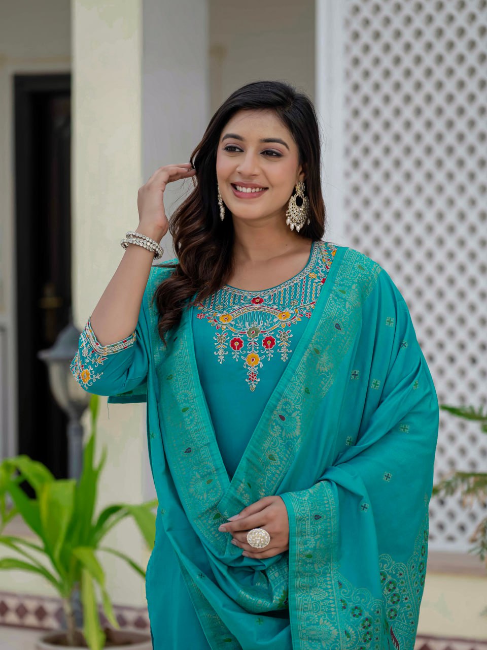 Roman Silk Kurti Set with Meena Work Dupatta
