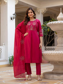 Rust Pure Viscose Mango Silk Embroidered Kurta Set