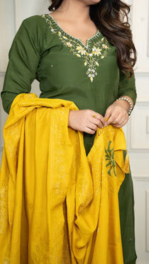 Mehendi Green Roman Silk Embroidered Kurta Set