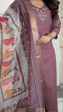 Burgundy Hand Work Kurta Pant Dupatta Set