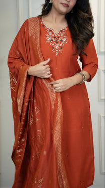 Rust Roman Silk Handwork Kurta Pant Set