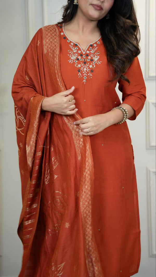 Rust Color Roman Silk Handwork Suit Set