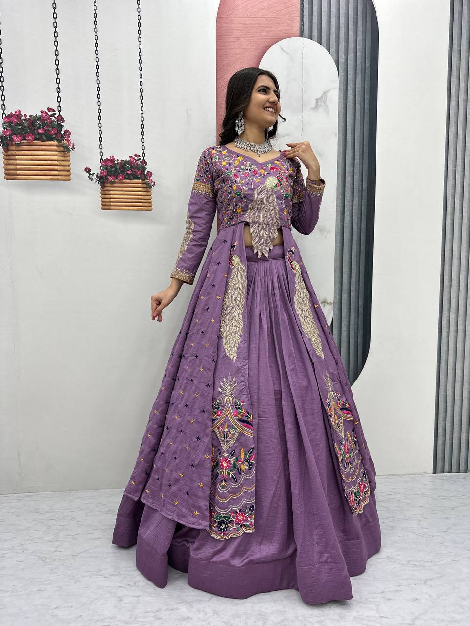 Lavender Thread & Sequin Work Jacket Lehenga Set Secondary image