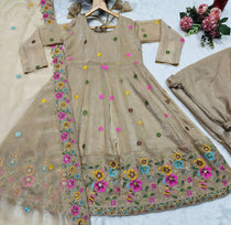 Beige Color Multi Embroidery Sequins Work Anarkali Suit
